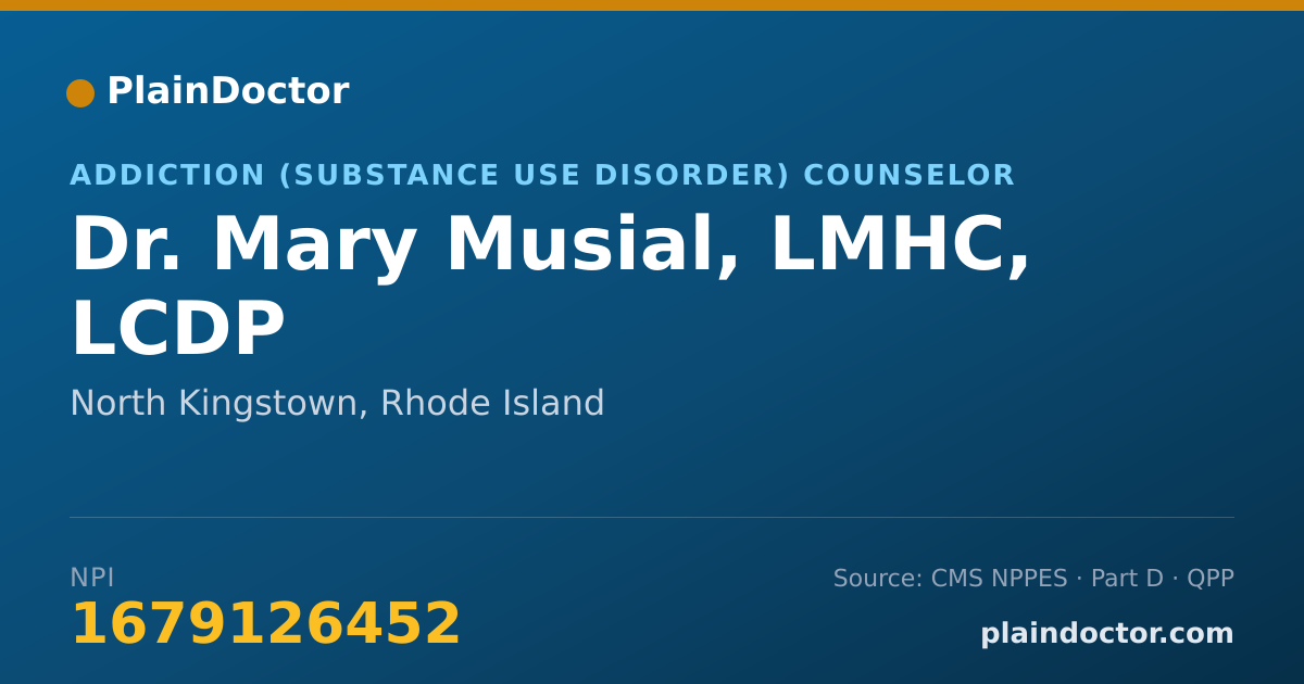 Shareable card for Mary Musial, LMHC, LCDP - Addiction (Substance Use Disorder) Counselor, North Kingstown, RI