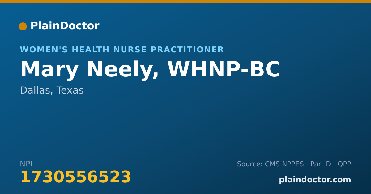 Shareable card for Mary Neely, WHNP-BC - Women's Health Nurse Practitioner, Dallas, TX