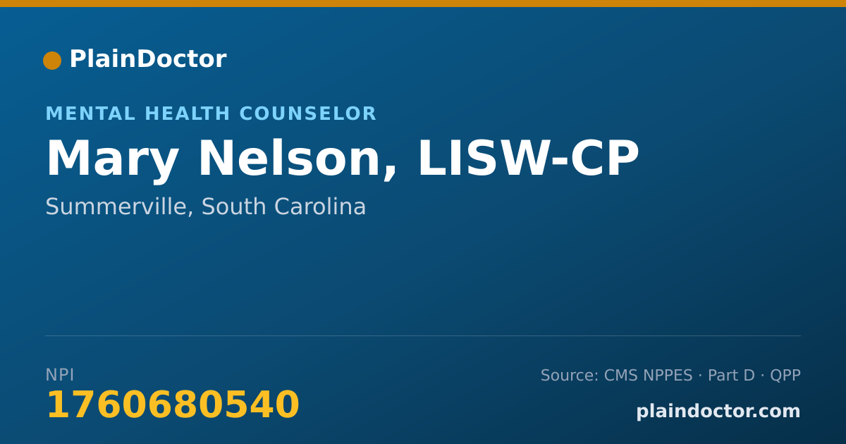 Shareable card for Mary Nelson, LISW-CP - Mental Health Counselor, Summerville, SC