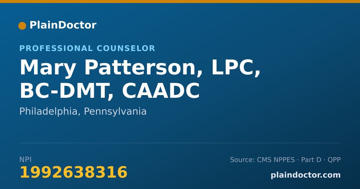 Shareable card for Mary Patterson, LPC, BC-DMT, CAADC - Professional Counselor, Philadelphia, PA