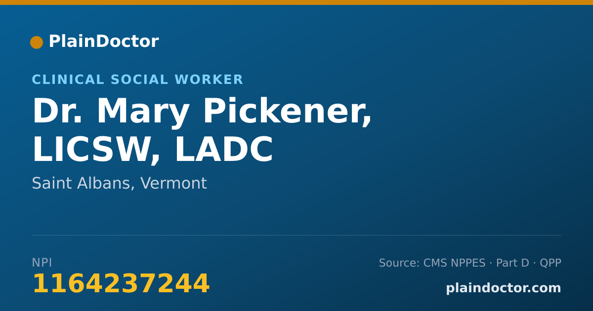 Shareable card for Mary Pickener, LICSW, LADC - Clinical Social Worker, Saint Albans, VT
