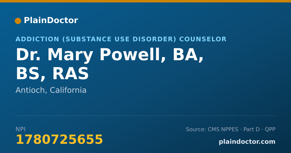 Shareable card for Mary Powell, BA, BS, RAS - Addiction (Substance Use Disorder) Counselor, Antioch, CA