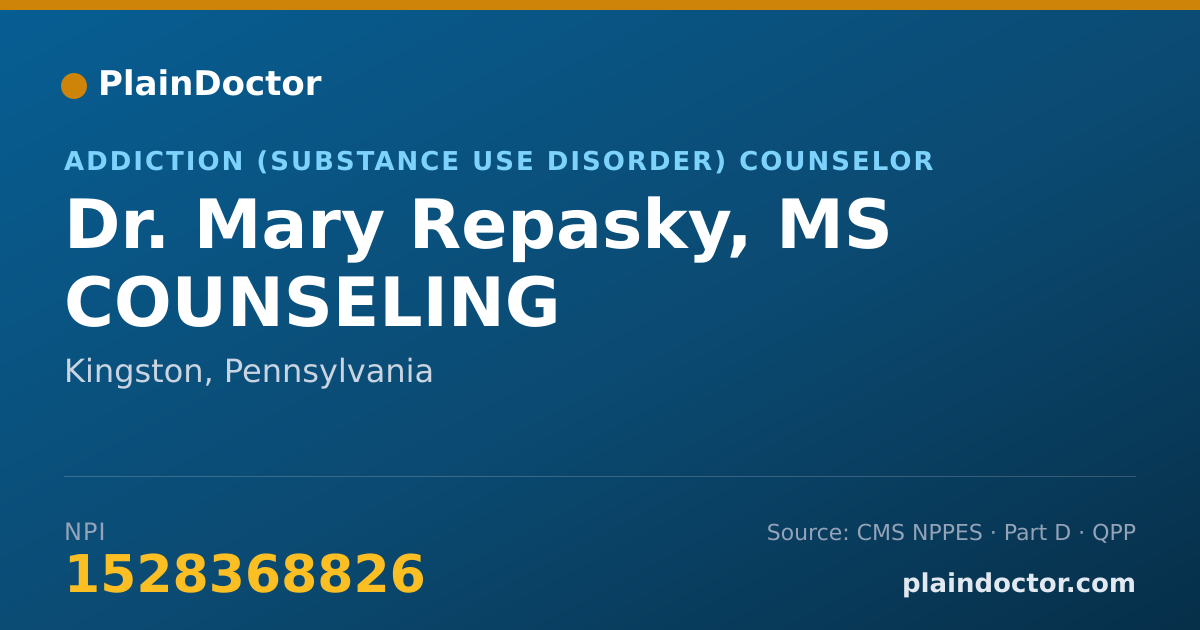Shareable card for Mary Repasky, MS COUNSELING - Addiction (Substance Use Disorder) Counselor, Kingston, PA