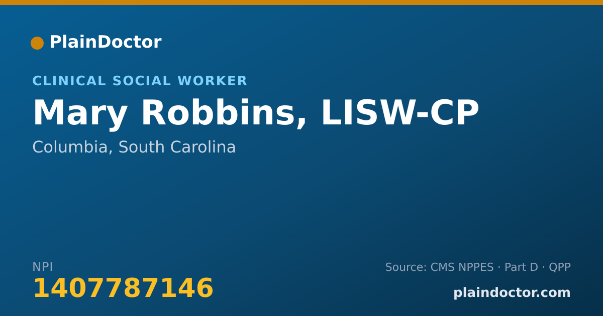 Shareable card for Mary Robbins, LISW-CP - Clinical Social Worker, Columbia, SC