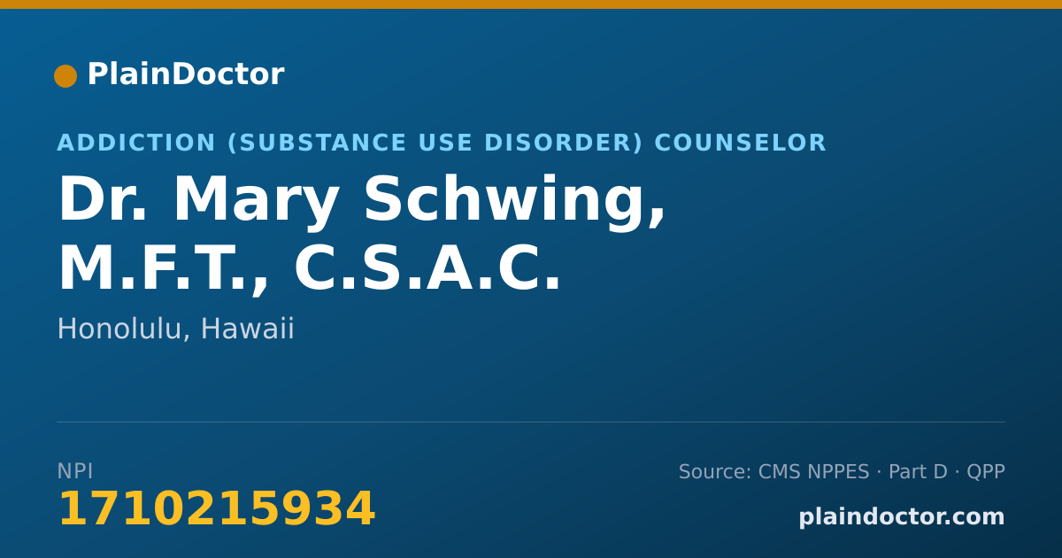 Shareable card for Mary Schwing, M.F.T., C.S.A.C. - Addiction (Substance Use Disorder) Counselor, Honolulu, HI