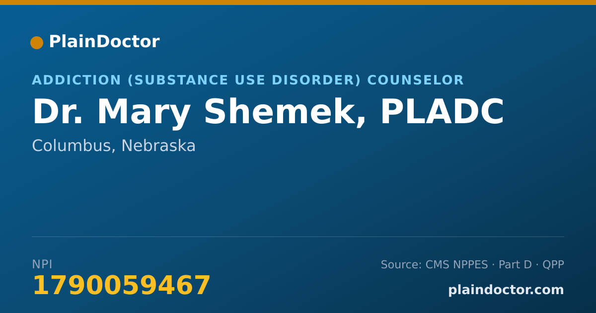 Shareable card for Mary Shemek, PLADC - Addiction (Substance Use Disorder) Counselor, Columbus, NE