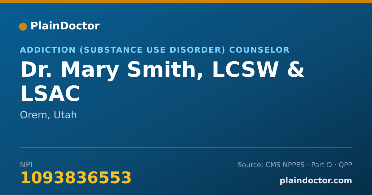 Shareable card for Mary Smith, LCSW & LSAC - Addiction (Substance Use Disorder) Counselor, Orem, UT