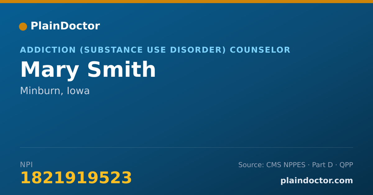 Shareable card for Mary Smith - Addiction (Substance Use Disorder) Counselor, Minburn, IA
