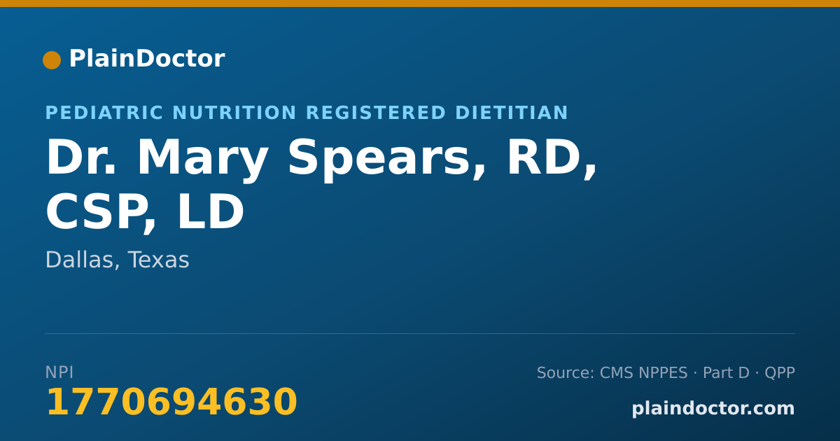 Shareable card for Mary Spears, RD, CSP, LD - Pediatric Nutrition Registered Dietitian, Dallas, TX