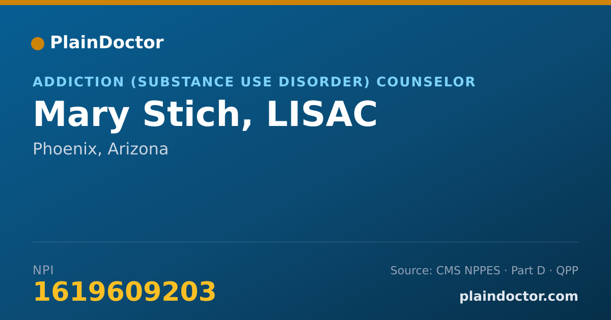 Shareable card for Mary Stich, LISAC - Addiction (Substance Use Disorder) Counselor, Phoenix, AZ