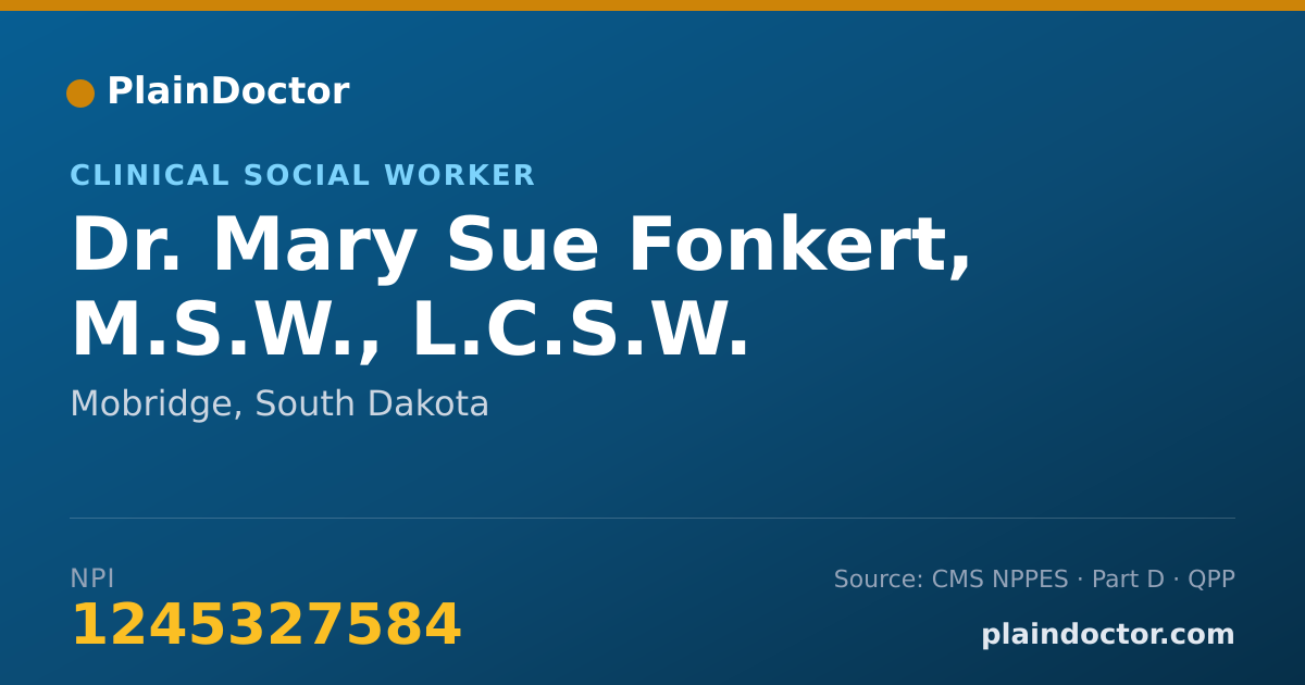Shareable card for Mary Sue Fonkert, M.S.W., L.C.S.W. - Clinical Social Worker, Mobridge, SD