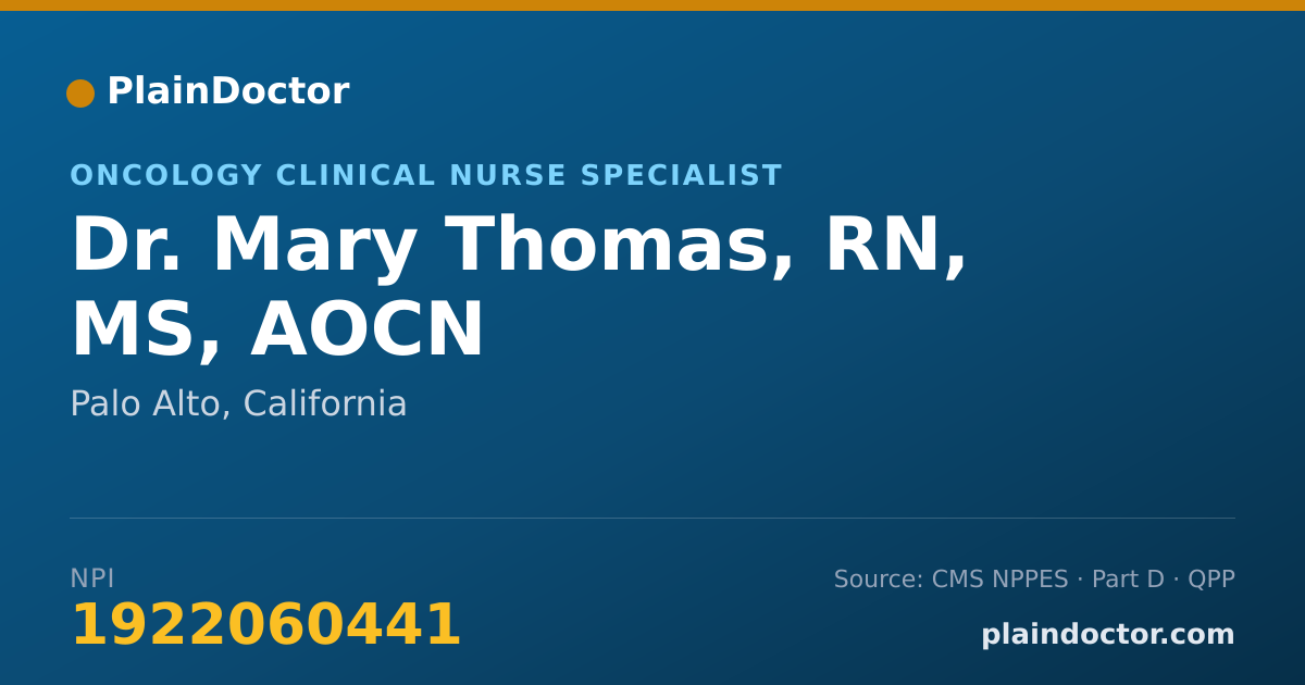 Shareable card for Mary Thomas, RN, MS, AOCN - Oncology Clinical Nurse Specialist, Palo Alto, CA