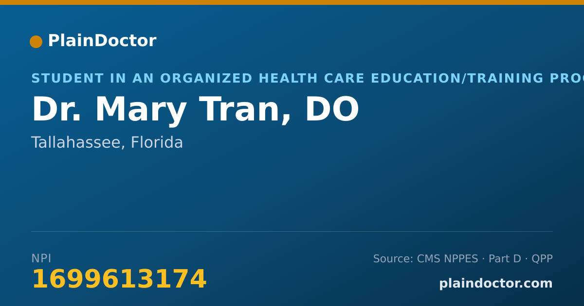 Shareable card for Mary Tran, DO - Student in an Organized Health Care Education/Training Program, Tallahassee, FL