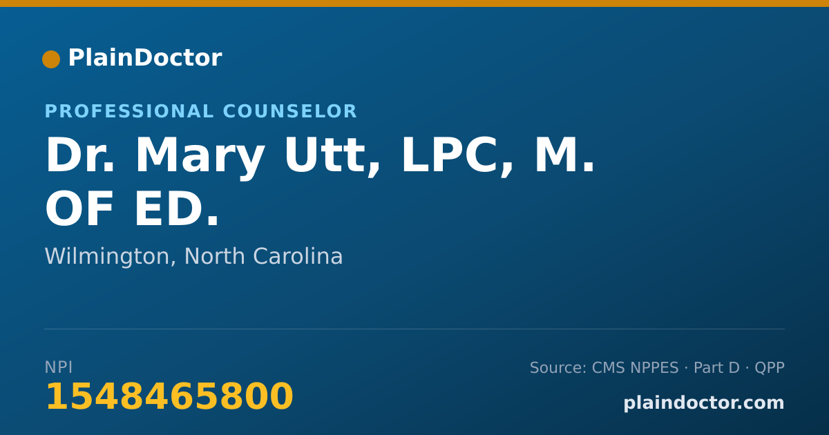 Shareable card for Mary Utt, LPC, M. OF ED. - Professional Counselor, Wilmington, NC