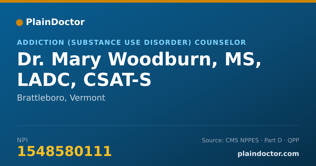 Shareable card for Mary Woodburn, MS, LADC, CSAT-S - Addiction (Substance Use Disorder) Counselor, Brattleboro, VT