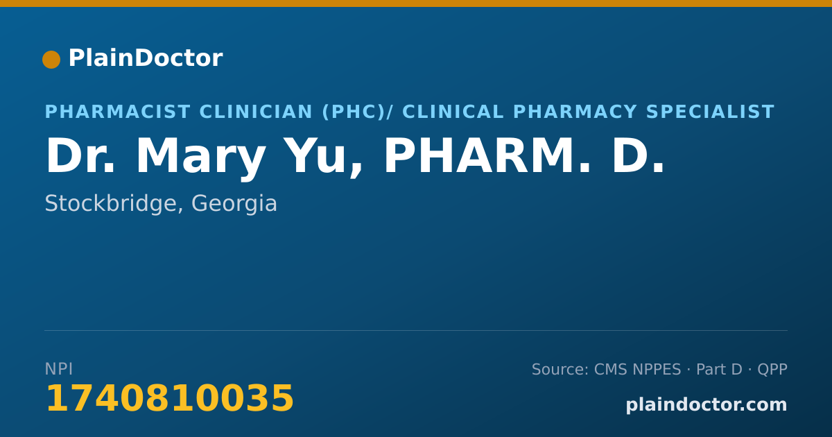Shareable card for Mary Yu, PHARM. D. - Pharmacist Clinician (PhC)/ Clinical Pharmacy Specialist, Stockbridge, GA