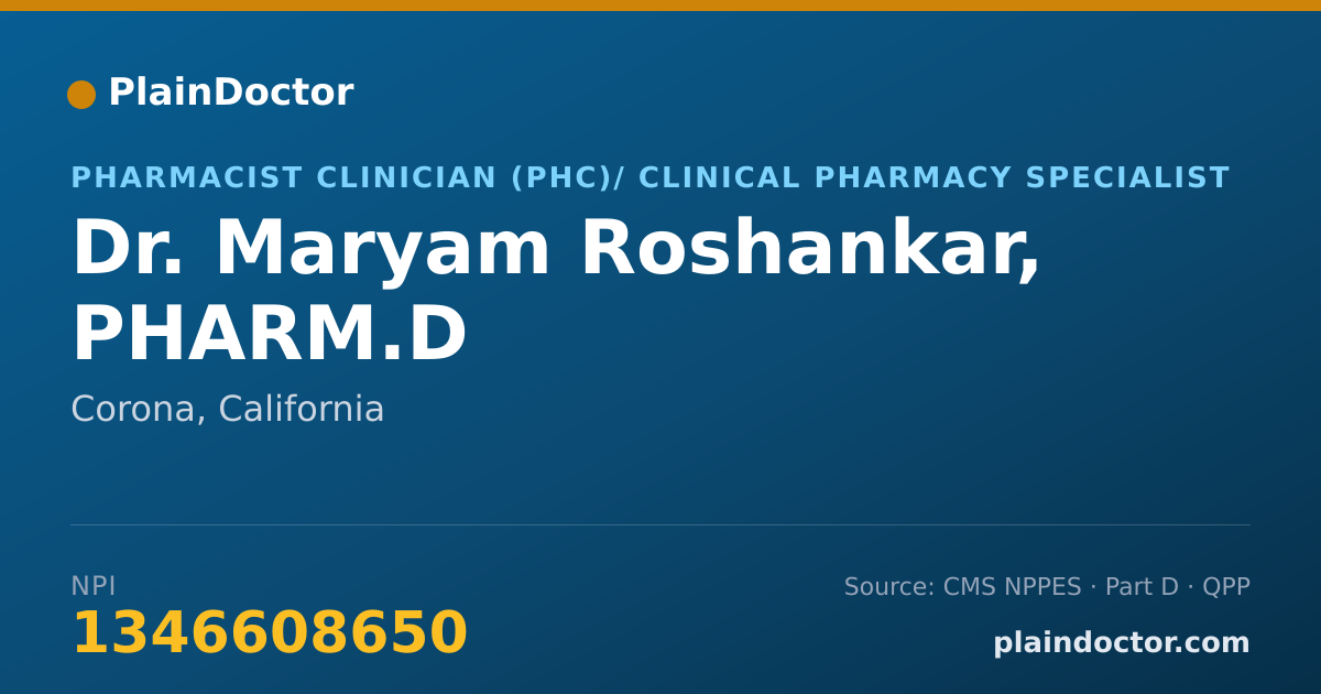 Shareable card for Maryam Roshankar, PHARM.D - Pharmacist Clinician (PhC)/ Clinical Pharmacy Specialist, Corona, CA