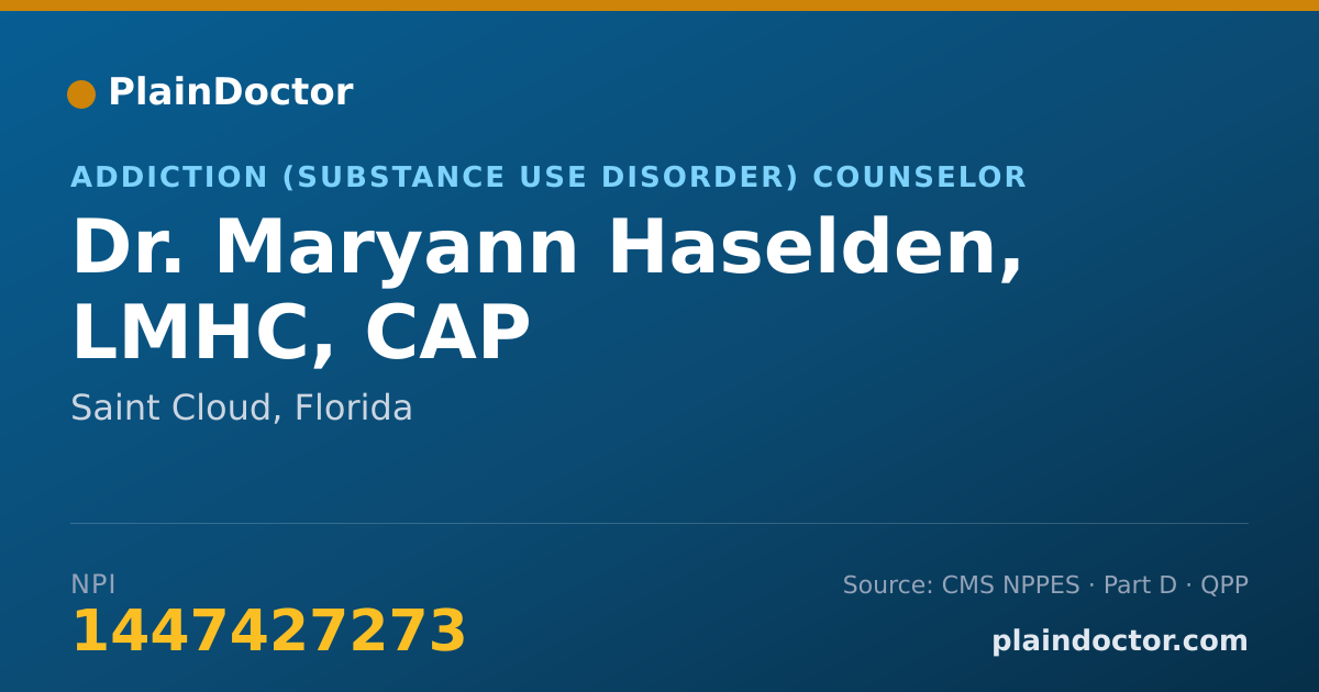 Shareable card for Maryann Haselden, LMHC, CAP - Addiction (Substance Use Disorder) Counselor, Saint Cloud, FL