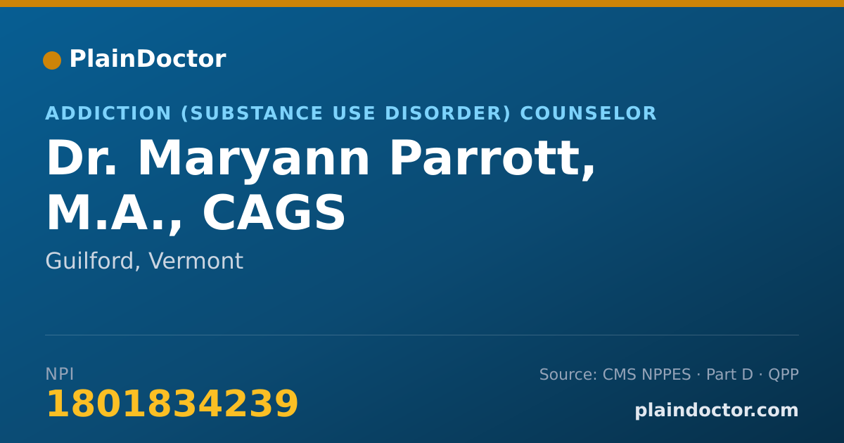 Shareable card for Maryann Parrott, M.A., CAGS - Addiction (Substance Use Disorder) Counselor, Guilford, VT