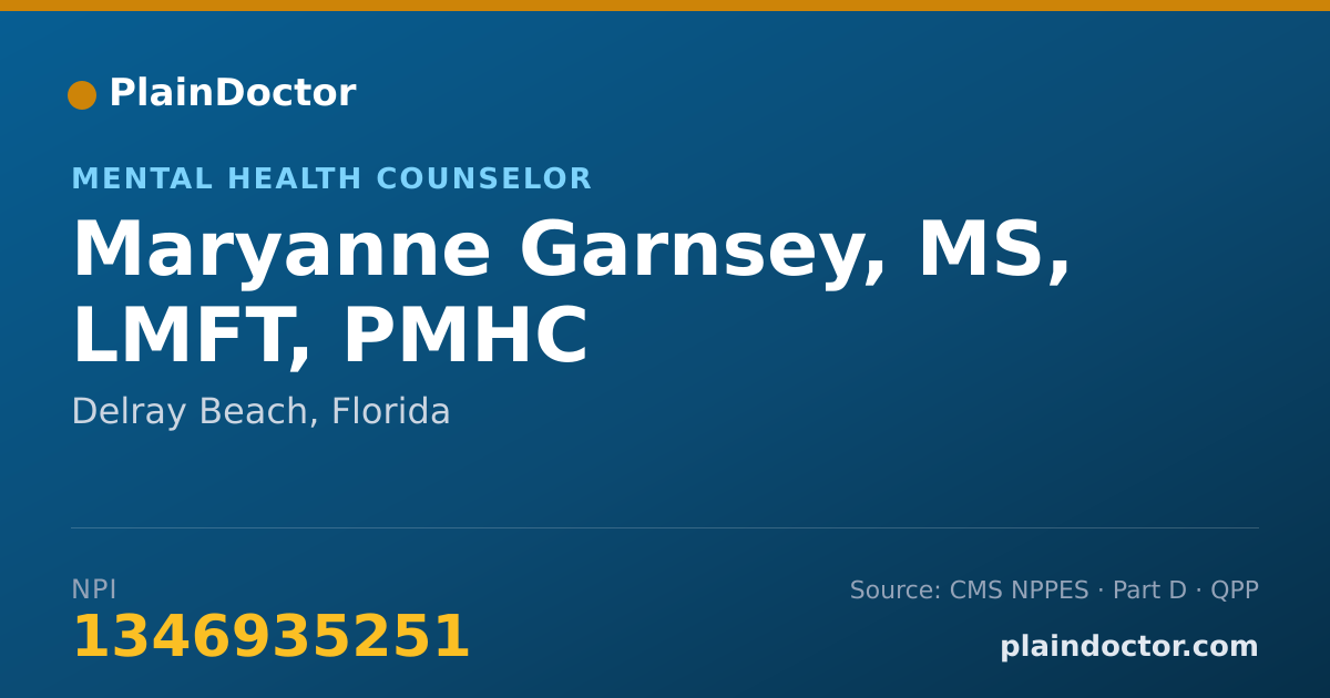 Shareable card for Maryanne Garnsey, MS, LMFT, PMHC - Mental Health Counselor, Delray Beach, FL