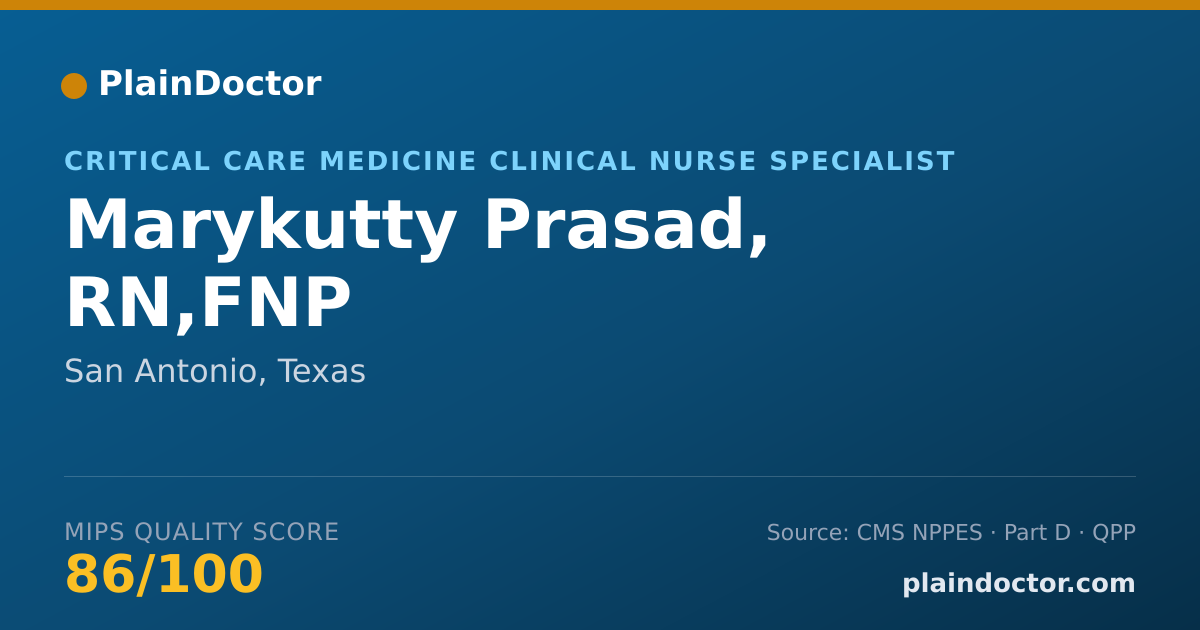 Shareable card for Marykutty Prasad, RN,FNP - Critical Care Medicine Clinical Nurse Specialist, San Antonio, TX
