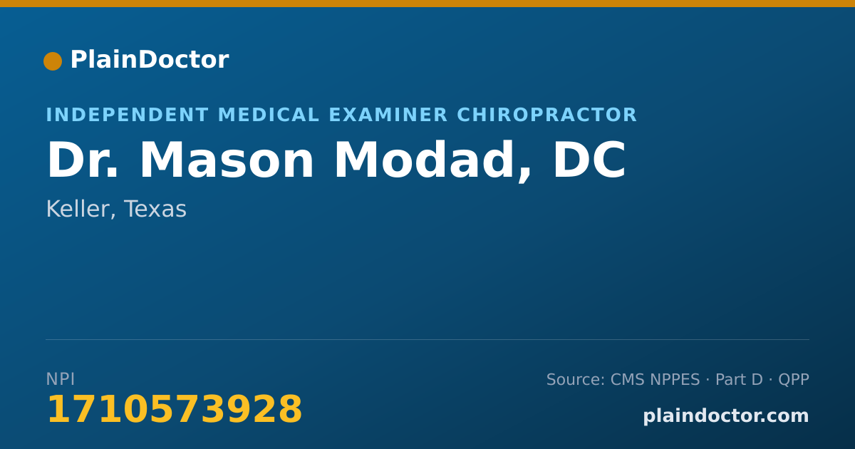 Shareable card for Mason Modad, DC - Independent Medical Examiner Chiropractor, Keller, TX