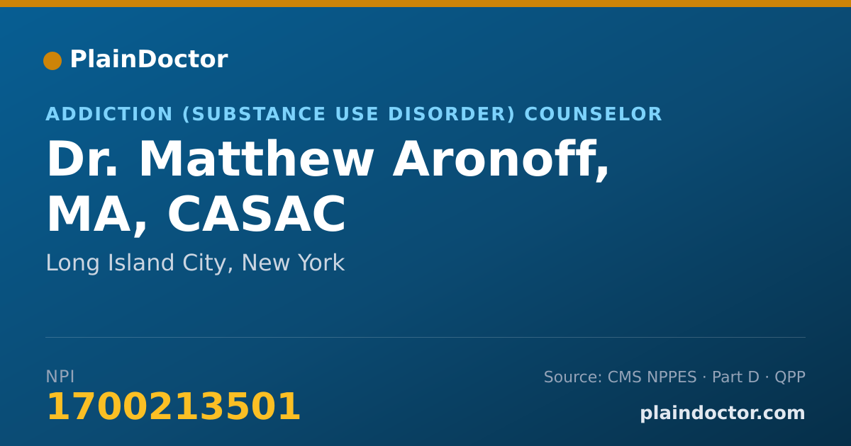 Shareable card for Matthew Aronoff, MA, CASAC - Addiction (Substance Use Disorder) Counselor, Long Island City, NY
