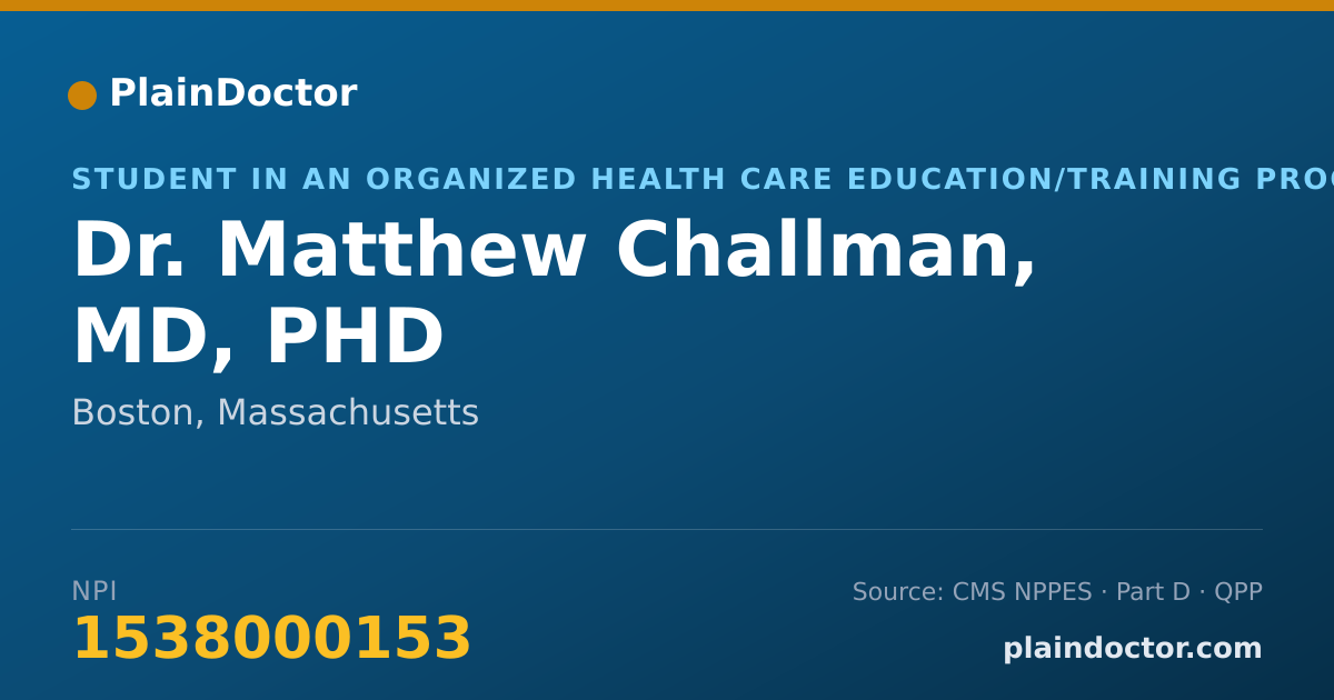 Shareable card for Matthew Challman, MD, PHD - Student in an Organized Health Care Education/Training Program, Boston, MA