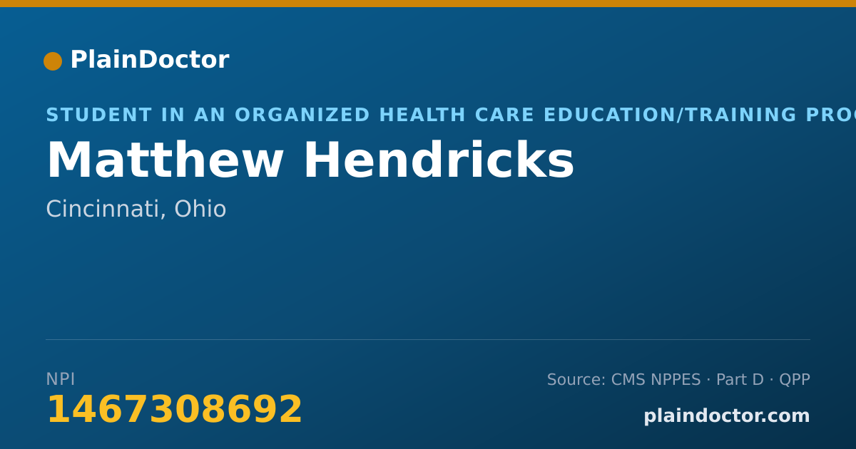 Shareable card for Matthew Hendricks - Student in an Organized Health Care Education/Training Program, Cincinnati, OH