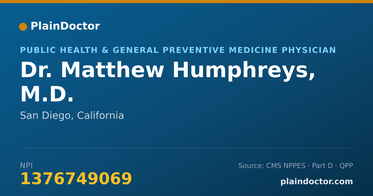 Shareable card for Matthew Humphreys, M.D. - Public Health & General Preventive Medicine Physician, San Diego, CA
