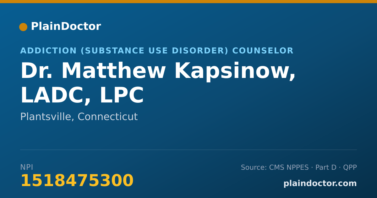 Shareable card for Matthew Kapsinow, LADC, LPC - Addiction (Substance Use Disorder) Counselor, Plantsville, CT