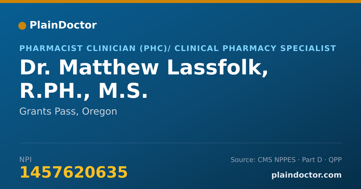 Shareable card for Matthew Lassfolk, R.PH., M.S. - Pharmacist Clinician (PhC)/ Clinical Pharmacy Specialist, Grants Pass, OR