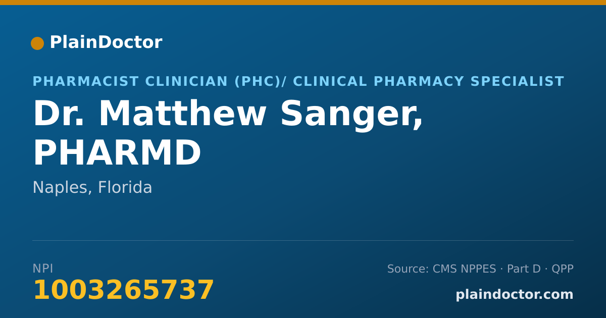 Shareable card for Matthew Sanger, PHARMD - Pharmacist Clinician (PhC)/ Clinical Pharmacy Specialist, Naples, FL