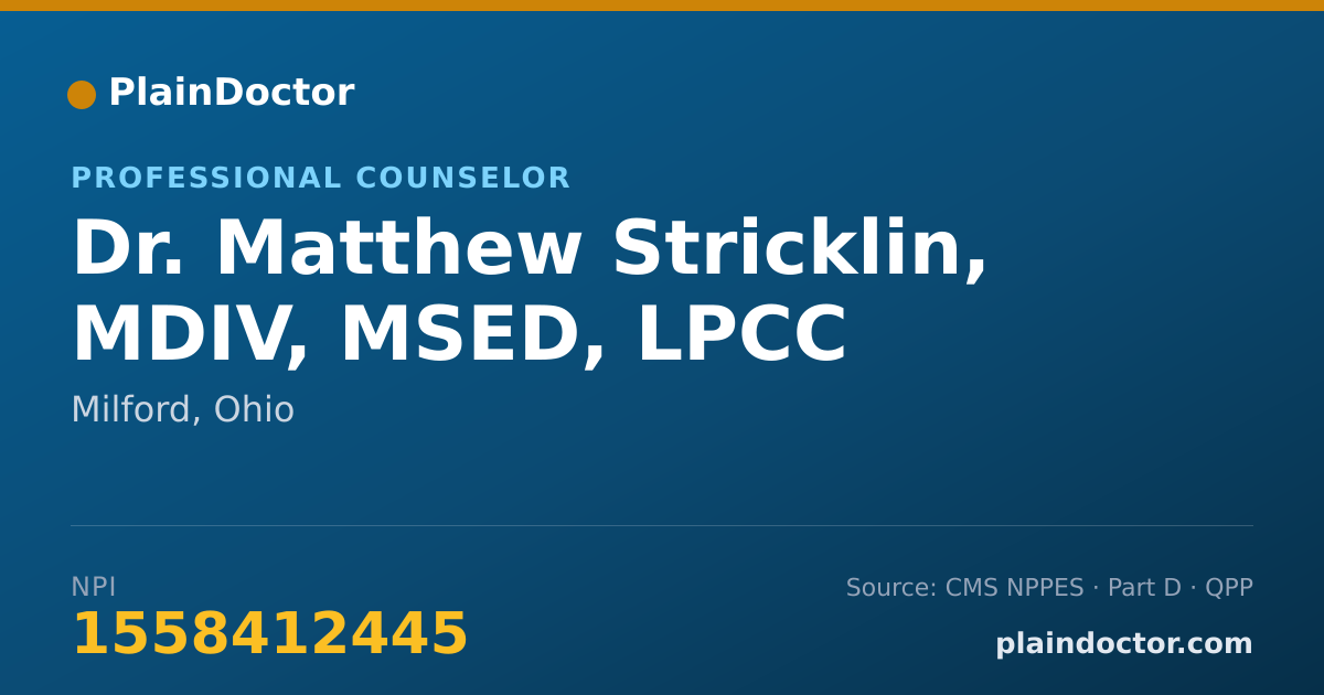 Shareable card for Matthew Stricklin, MDIV, MSED, LPCC - Professional Counselor, Milford, OH