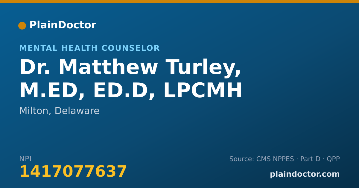 Shareable card for Matthew Turley, M.ED, ED.D, LPCMH - Mental Health Counselor, Milton, DE