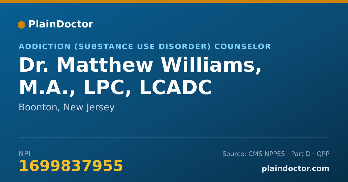 Shareable card for Matthew Williams, M.A., LPC, LCADC - Addiction (Substance Use Disorder) Counselor, Boonton, NJ
