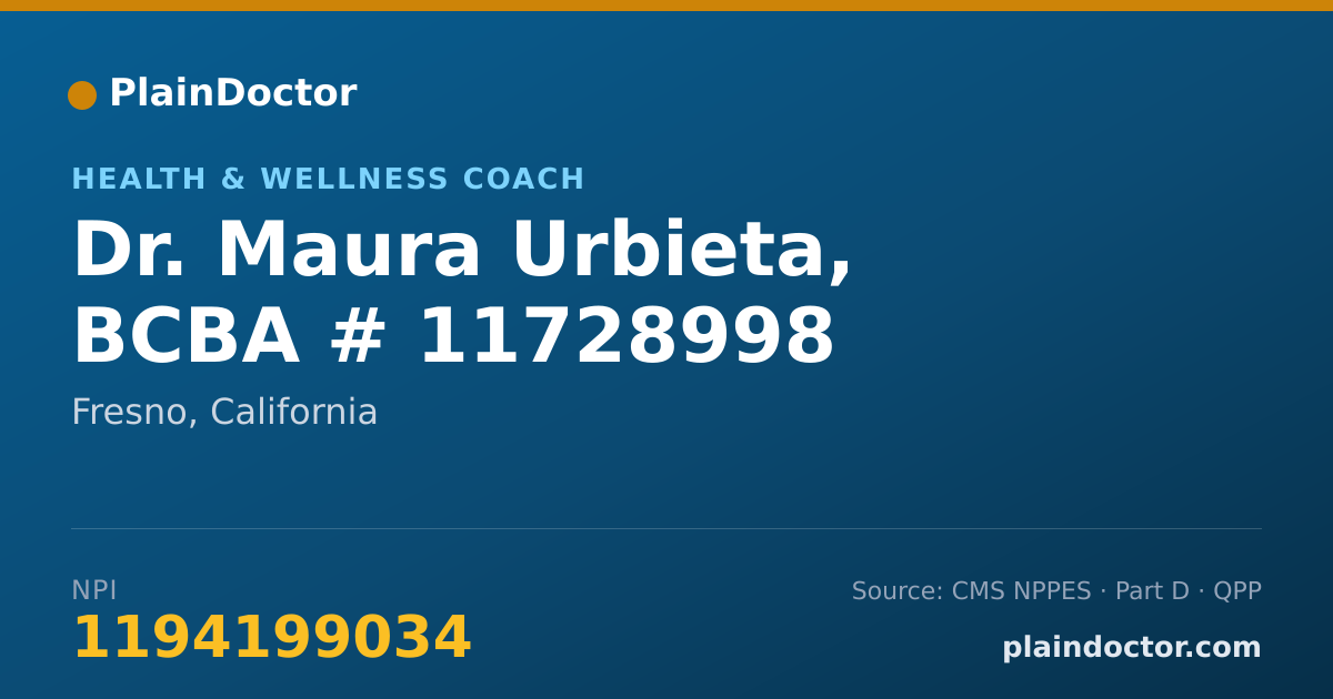 Shareable card for Maura Urbieta, BCBA # 11728998 - Health & Wellness Coach, Fresno, CA