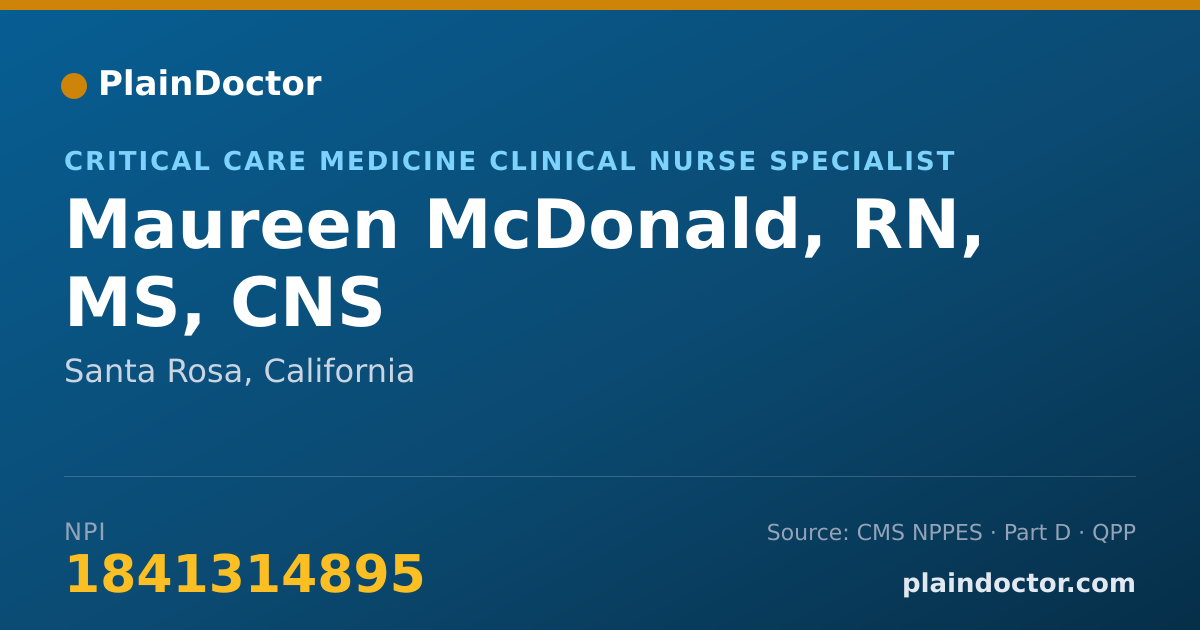 Shareable card for Maureen McDonald, RN, MS, CNS - Critical Care Medicine Clinical Nurse Specialist, Santa Rosa, CA