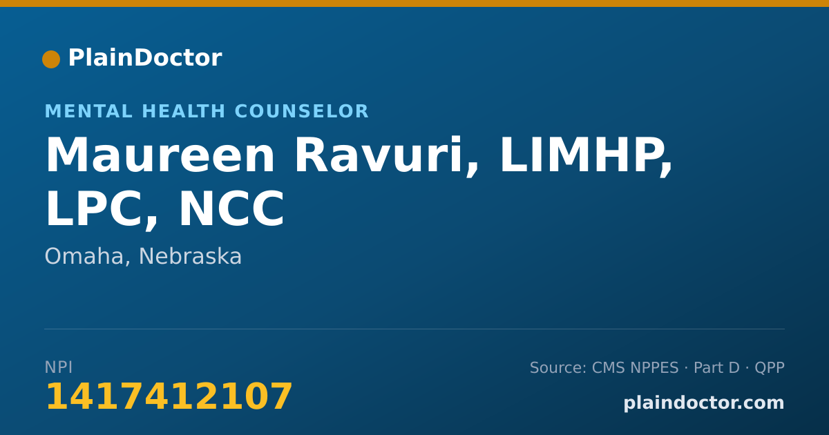Shareable card for Maureen Ravuri, LIMHP, LPC, NCC - Mental Health Counselor, Omaha, NE