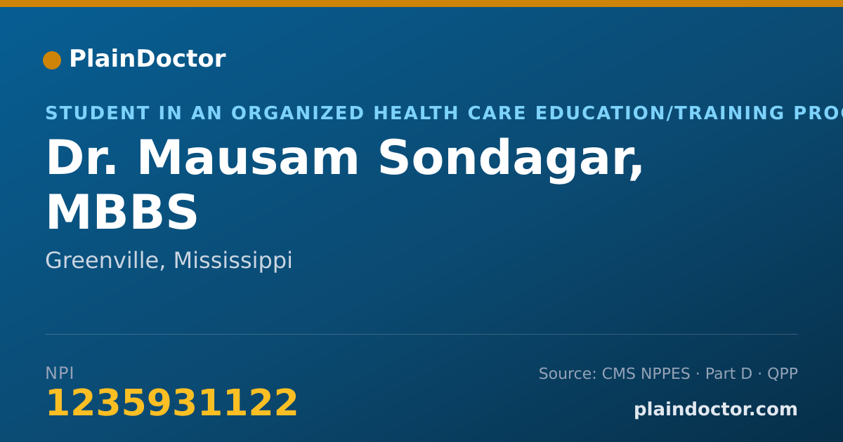 Shareable card for Mausam Sondagar, MBBS - Student in an Organized Health Care Education/Training Program, Greenville, MS