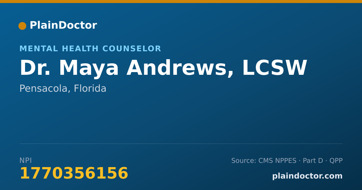 Shareable card for Maya Andrews, LCSW - Mental Health Counselor, Pensacola, FL