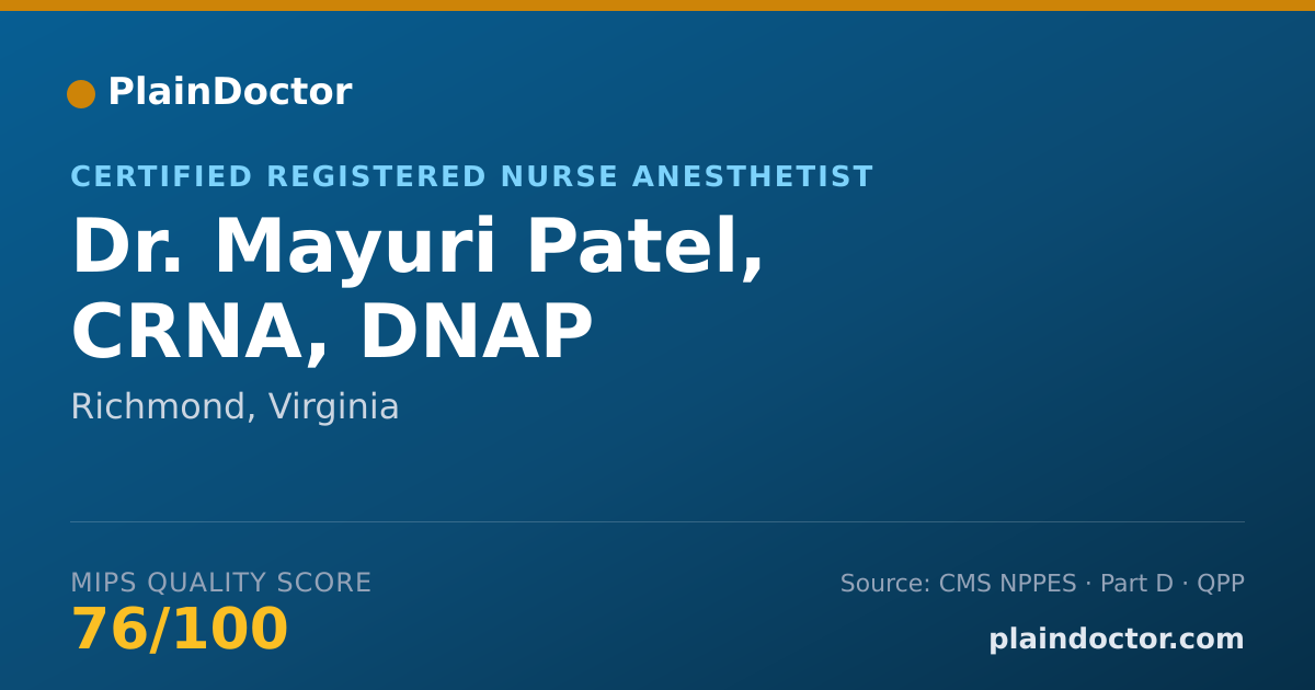 Shareable card for Mayuri Patel, CRNA, DNAP - Certified Registered Nurse Anesthetist, Richmond, VA