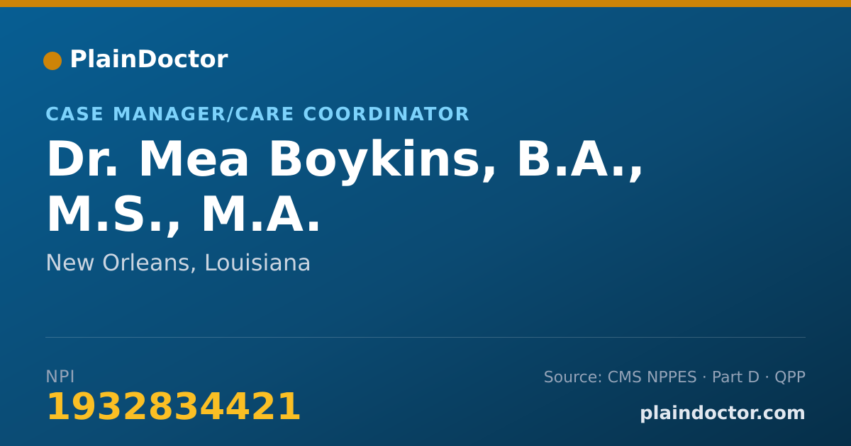 Shareable card for Mea Boykins, B.A., M.S., M.A. - Case Manager/Care Coordinator, New Orleans, LA