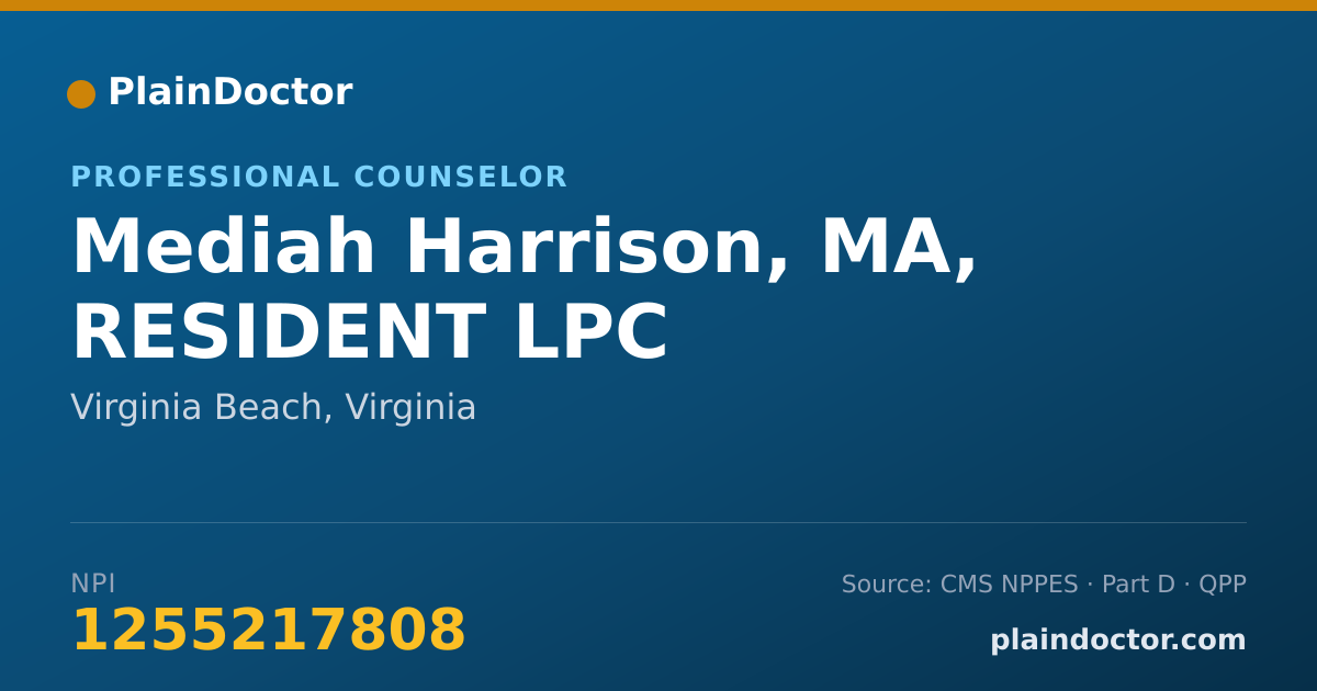 Shareable card for Mediah Harrison, MA, RESIDENT LPC - Professional Counselor, Virginia Beach, VA