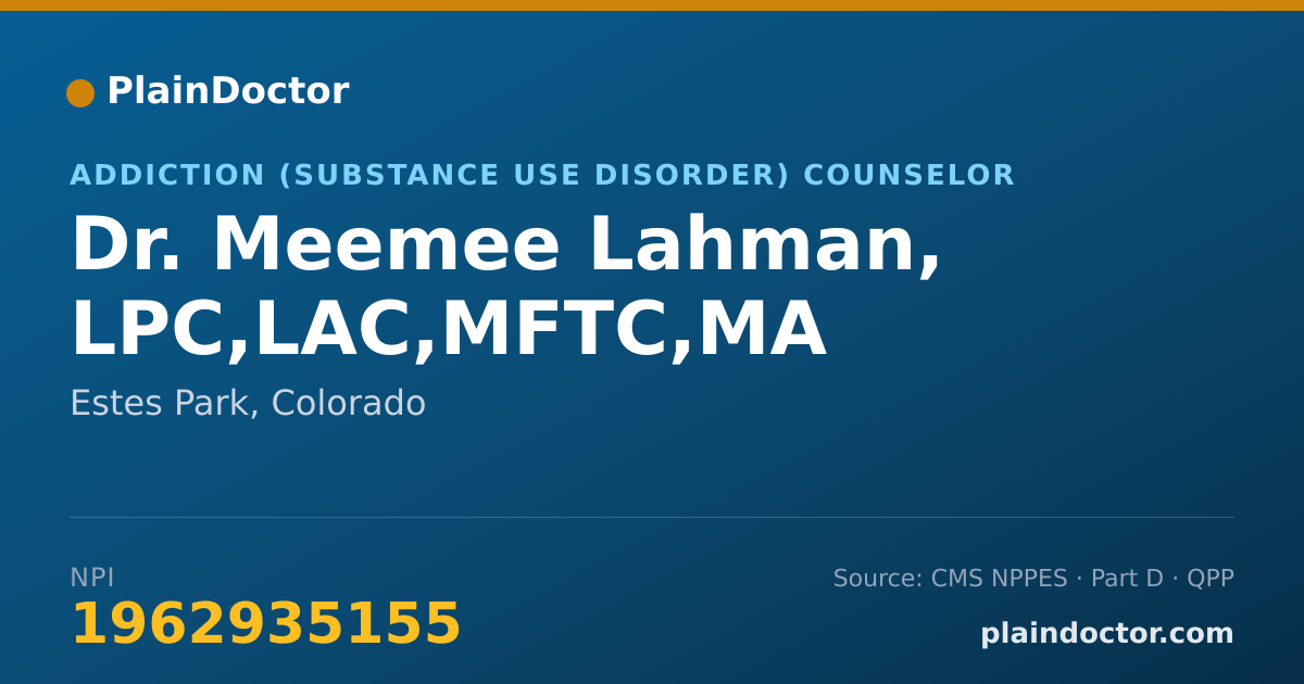 Shareable card for Meemee Lahman, LPC,LAC,MFTC,MA - Addiction (Substance Use Disorder) Counselor, Estes Park, CO