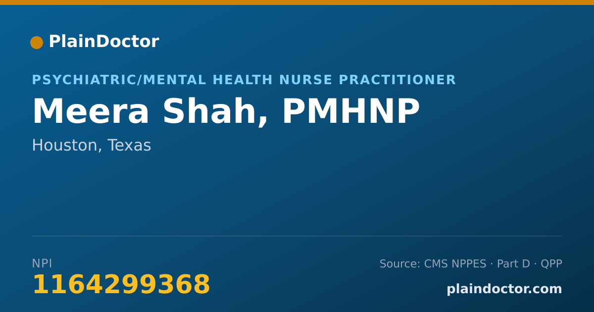 Shareable card for Meera Shah, PMHNP - Psychiatric/Mental Health Nurse Practitioner, Houston, TX