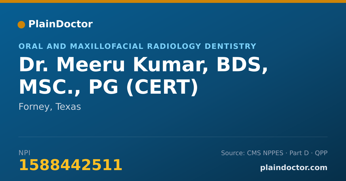 Shareable card for Meeru Kumar, BDS, MSC., PG (CERT) - Oral and Maxillofacial Radiology Dentistry, Forney, TX