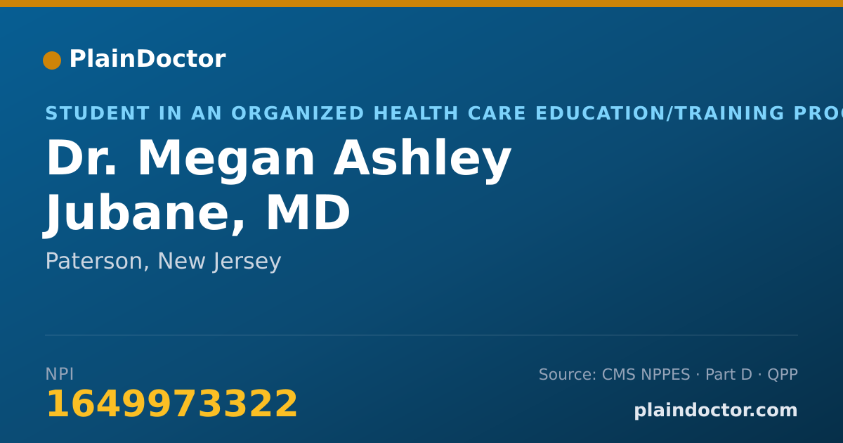 Shareable card for Megan Ashley Jubane, MD - Student in an Organized Health Care Education/Training Program, Paterson, NJ