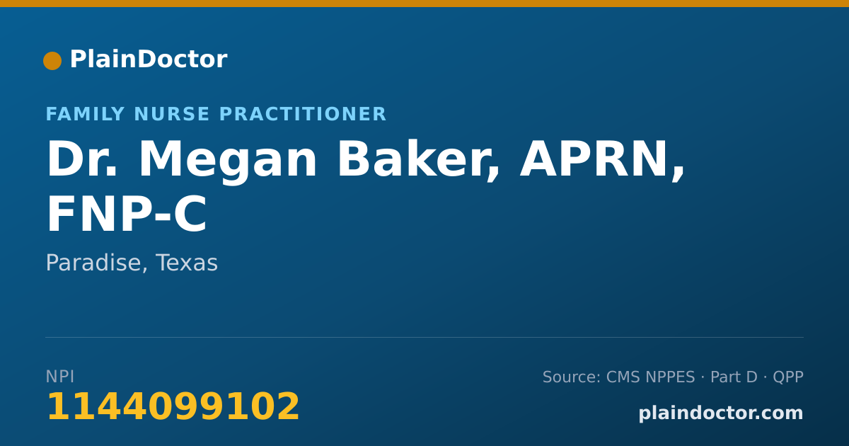 Shareable card for Megan Baker, APRN, FNP-C - Family Nurse Practitioner, Paradise, TX