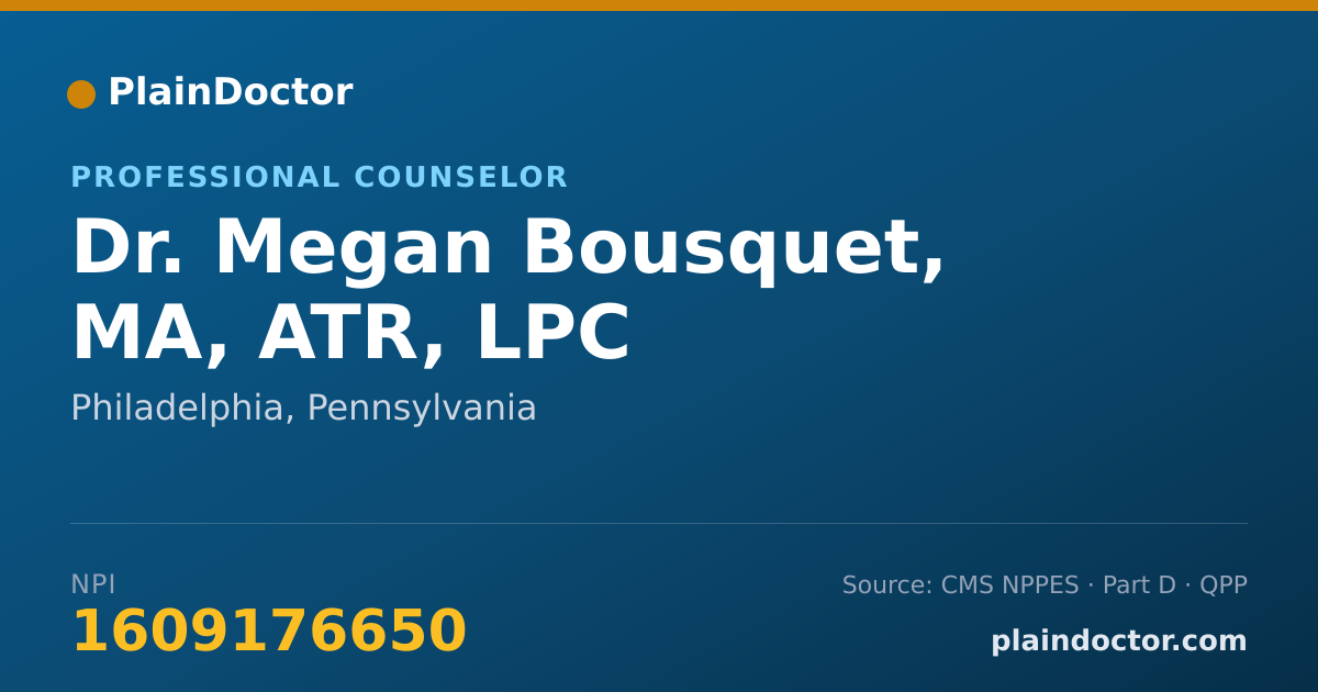 Shareable card for Megan Bousquet, MA, ATR, LPC - Professional Counselor, Philadelphia, PA